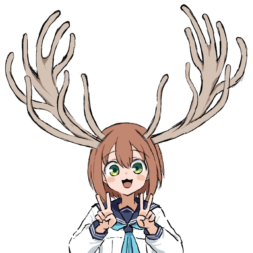 1girl, antlers, blue_neckerchief, blue_sailor_collar, brown_hair, dolphilia, double_v, green_eyes, hands_up, highres, horns, long_sleeves, looking_at_viewer, medium_hair, neckerchief, open_mouth, sailor_collar, sailor_shirt, school_uniform, serafuku, shikanoko_noko, shikanoko_nokonoko_koshitantan, shirt, smile, solo, straight-on, upper_body, v, white_shirt