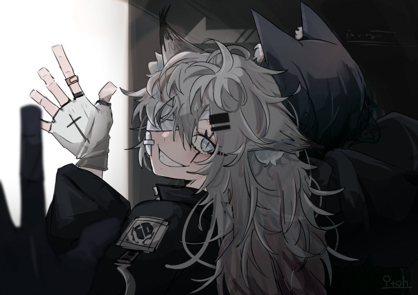 1other, 2girls, animal_ear_fluff, arknights, artist_name, bandage_over_one_eye, bandaid, bandaid_on_face, bandaid_on_hand, black_hair, black_jacket, commentary_request, doctor_(arknights), dot_nose, facing_away, fingerless_gloves, from_side, gloves, grey_eyes, grey_hair, grin, hair_between_eyes, hair_ornament, hairpin, highres, indoors, itoh_yamori, jacket, lappland_(arknights), long_hair, messy_hair, multiple_girls, patch, pov, pov_hands, scar, scar_across_eye, smile, texas, texas_(arknights), upper_body, waving, white_gloves