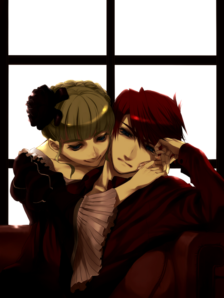 1girl, beatrice, blonde_hair, blue_eyes, couch, couple, gado-boa, red_hair, redhead, smile, tears, umineko_no_naku_koro_ni, ushiromiya_battler