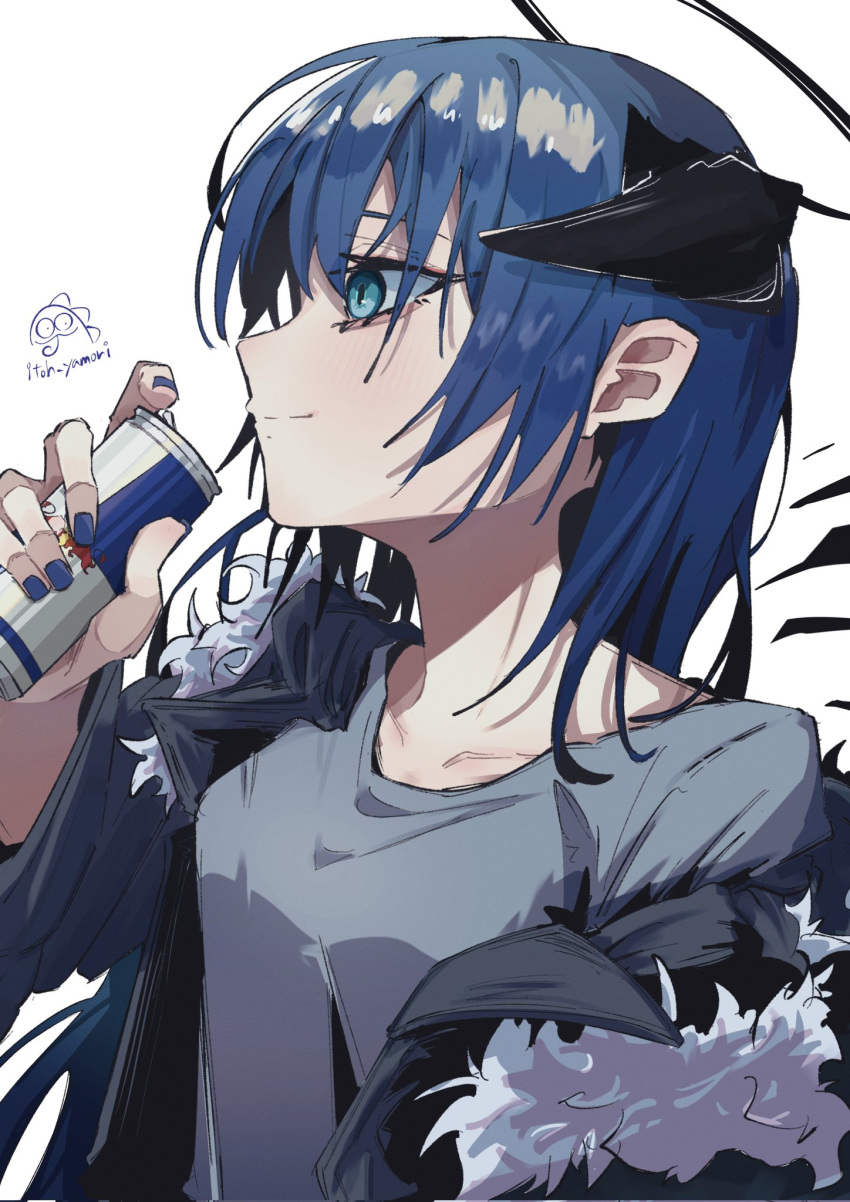 1girl, aqua_eyes, arknights, artist_name, black_halo, black_horns, black_jacket, blue_eyes