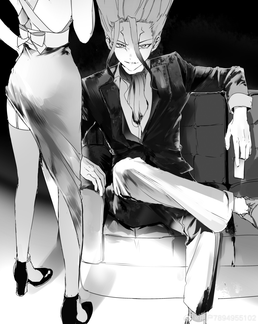 1boy, 1girl, absurdres, artist_name, black_background, dr._stone, fingernails, formal