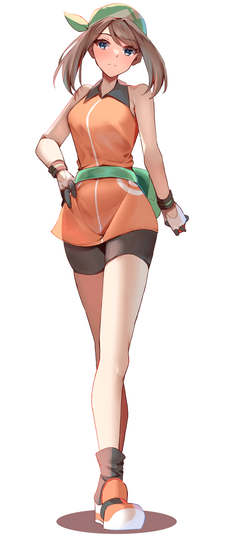 1girl, armpit_crease, bandana, bare_shoulders, bike_shorts, blue_eyes, blush, brown_hair, closed_mouth, collared_dress, commentary_request, dress, full-face_blush, full_body, gloves, green_bag, green_bandana, hand_on_own_hip, highres, holding, holding_poke_ball, looking_at_viewer, may_(pokemon), medium_hair, momdy_(talesshinja), orange_dress, poke_ball, poke_ball_(basic), pokemon, pokemon_emerald, pokemon_rse, shadow, shoes, sidelocks, simple_background, skindentation, sleeveless, sleeveless_dress, solo, standing, tight_clothes, tight_dress, white_background