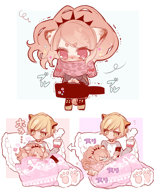2girls, animal_ears, blonde_hair, brown_hair, chibi, citti_(show_by_rock!!), closed_eyes, cold