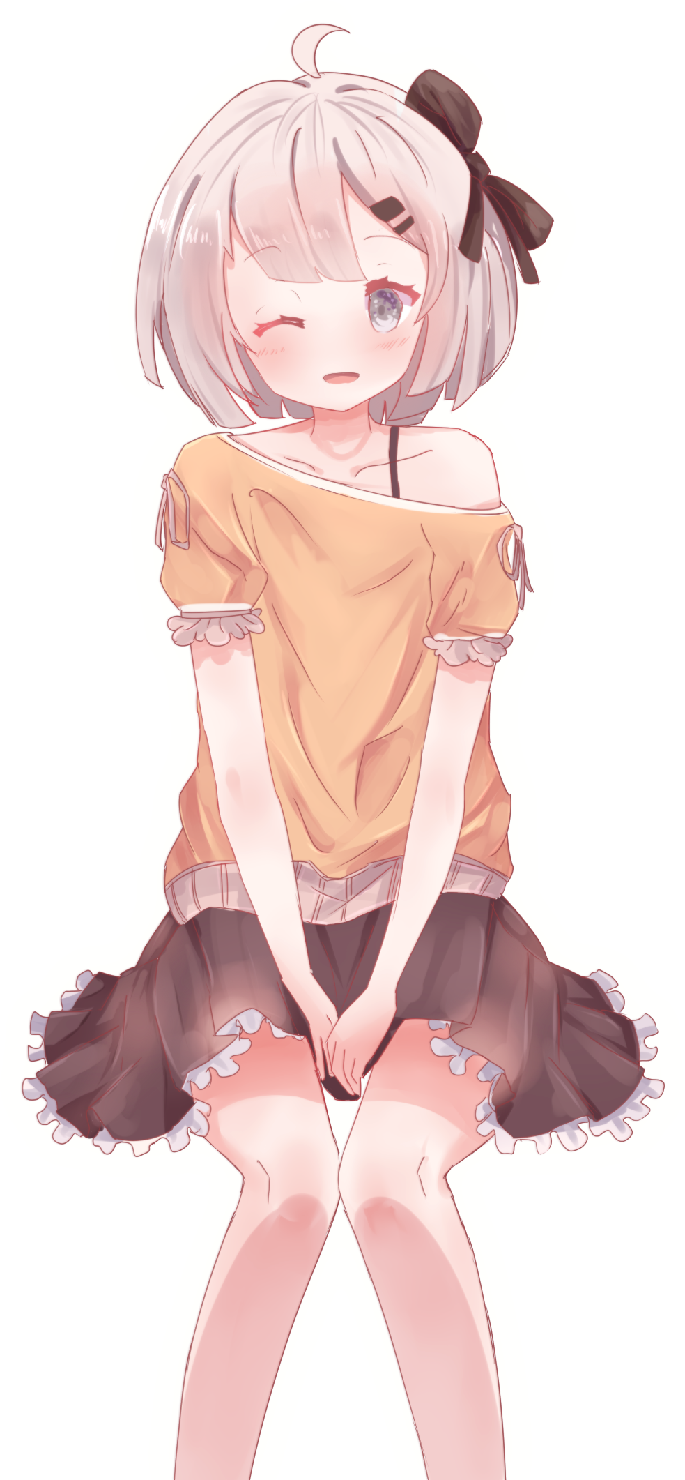 1girl, ahoge, bare_shoulders, black_bow, black_bra, blush, bow, bra
