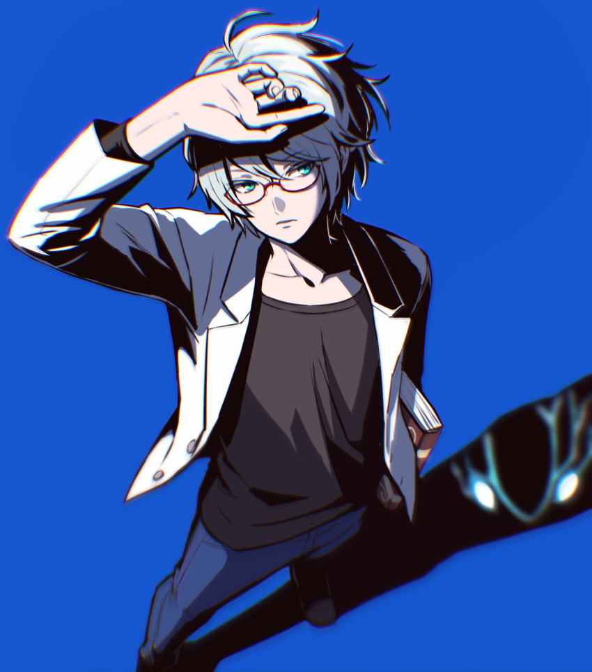 1boy, alternate_costume, azi_dahaka_(under_night_in-birth), black_shirt, blue_background, blue_eyes, book, casual