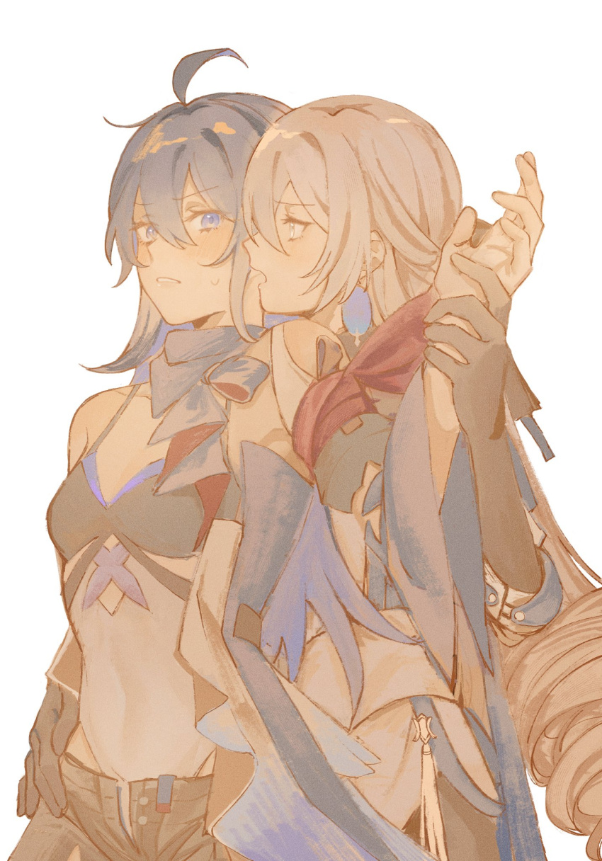 2girls, arm_around_waist, arm_scarf, armband, bandana_around_arm, black_gloves, blue_scarf, blush