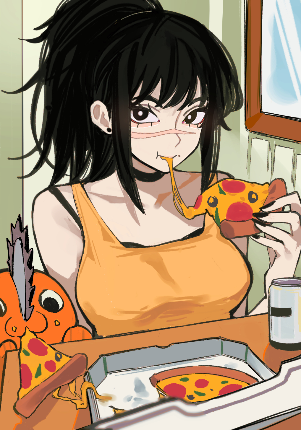 1girl, black_choker, black_hair, black_nails, breasts, chainsaw_man, choker, commentary