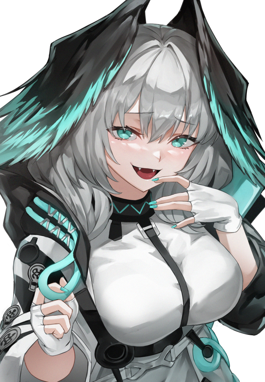 1girl, absurdres, aqua_eyes, aqua_nails, aqua_wings, arknights, black_wings, breasts