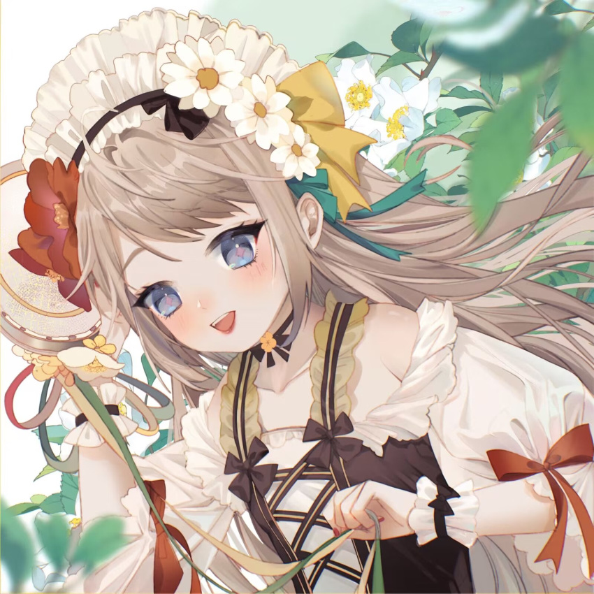 +_+, 1girl, alfredo_oriani_(azur_lane), alfredo_oriani_(vivacious_vivace)_(azur_lane), azur_lane, black_ribbon, blue_eyes, blush, brown_hair, dress, dress_ribbon, flower, frilled_dress, frilled_hairband, frills, hair_flower, hair_ornament, hairband, hand_up, highres, kuromitox, light_brown_hair, long_hair, long_sleeves, looking_at_viewer, official_alternate_costume, open_mouth, purple_pupils, red_flower, red_nails, red_ribbon, ribbon, smile, solo, star-shaped_pupils, star_(symbol), symbol-shaped_pupils, upper_body, white_dress, white_flower
