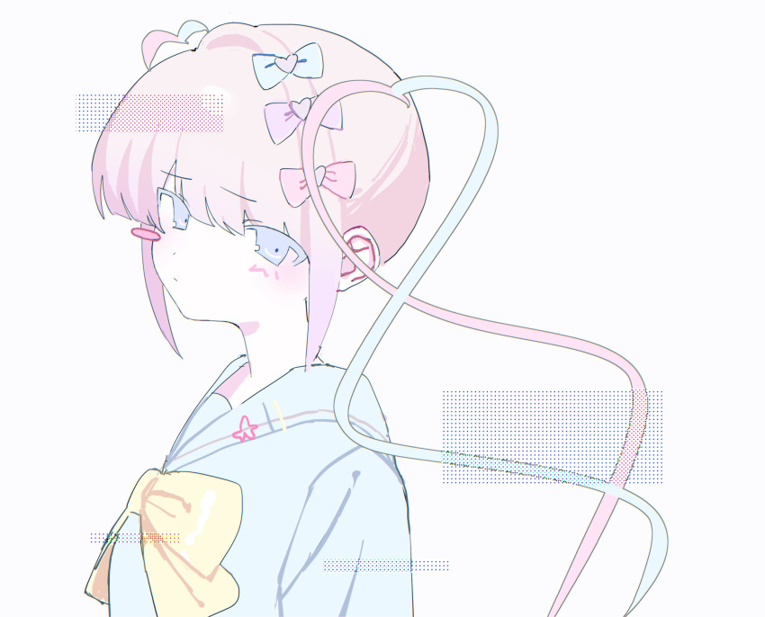 1girl, blonde_hair, blue_bow, blue_eyes, blue_hair, blue_shirt, blush_stickers, bow