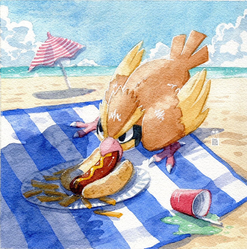 animal_focus, beach, beach_towel, beach_umbrella, bird, black_eyes, clouds, commentary, cup, day, drinking_straw, eating, food, french_fries, highres, hot_dog, mustard, no_humans, outdoors, paper_plate, pidgey, plate, pokemon, pokemon_(creature), sand, shore, sky, solo, spill, towel, trulyavaporeon, umbrella, water