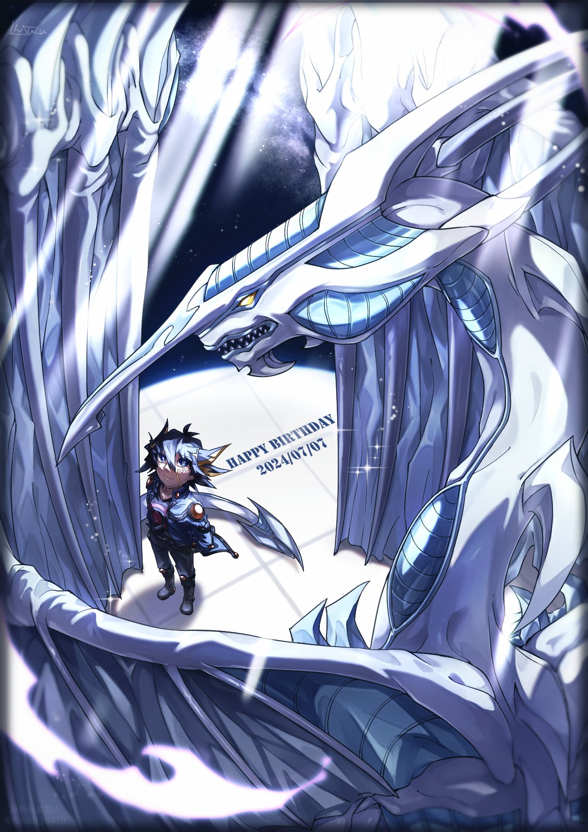 1boy, black_hair, black_shirt, blonde_hair, blue_jacket, colored_skin, dated, dragon, fudo_yusei, hands_in_pockets, happy_birthday, highres, jacket, kisuzu_th319, light, looking_up, medium_hair, multicolored_hair, sharp_teeth, shirt, smile, spiky_hair, stardust_dragon, teeth, two-tone_hair, white_skin, yellow_eyes, yu-gi-oh!, yu-gi-oh!_5d's