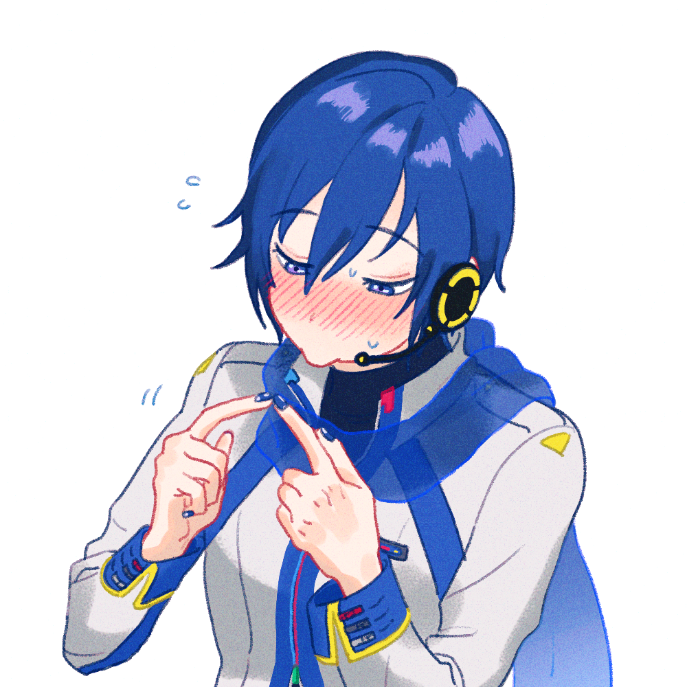 1boy, blue_eyes, blue_hair, blue_nails, blue_scarf, blush, coat, eyelashes