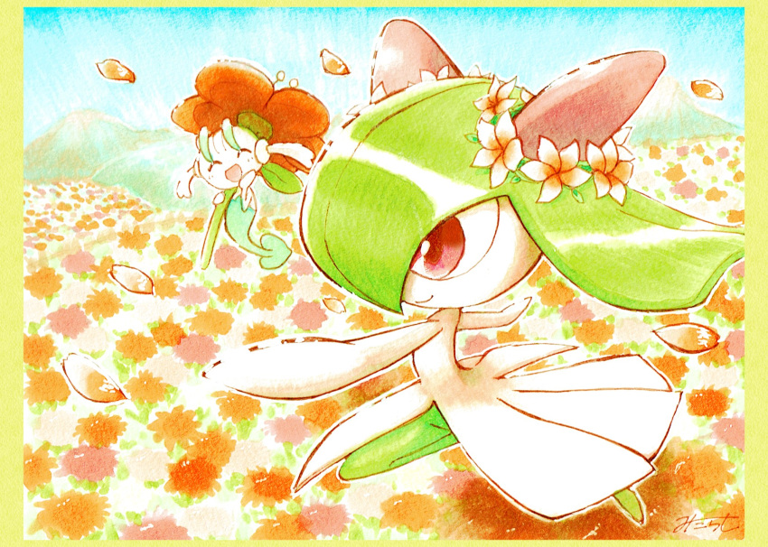 blue_sky, colored_skin, falling_petals, field, floette, floette_(red_flower), flower, flower_field, green_hair, hair_flower, hair_ornament, highres, horns, kirlia, mitarashi_pkmn, mountainous_horizon, multicolored_skin, open_mouth, petals, pink_eyes, pokemon, pokemon_(creature), sidelocks, signature, sky, smile, two-tone_skin, white_skin