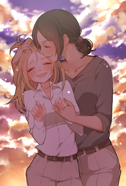 2girls, ^_^, black_shirt, blonde_hair, blush, brown_pants, closed_eyes, clouds