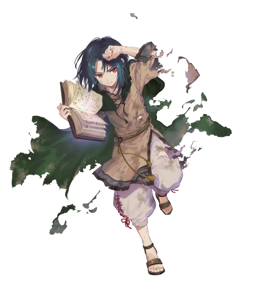 1boy, black_hair, book, cape, child, dirty, dirty_clothes, facial_mark, fire_emblem, fire_emblem:_path_of_radiance, fire_emblem_heroes, forehead_mark, green_cape, highres, holding, holding_book, long_hair, male_focus, non-web_source, official_art, pants, parted_bangs, red_eyes, sandals, soren_(fire_emblem), soren_(hushed_voice)_(fire_emblem), suzuki_iori, torn_clothes, transparent_background, white_pants