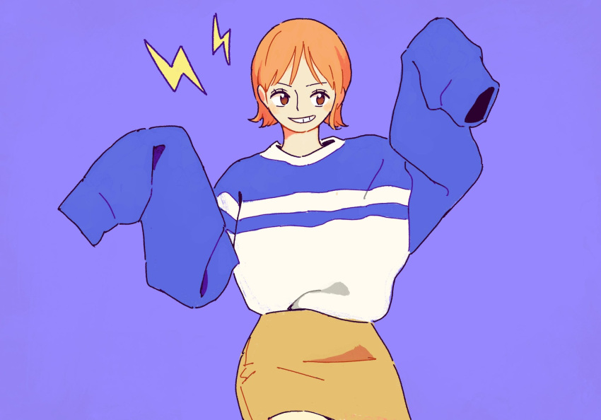 1girl, blue_shirt, brown_eyes, commentary_request, cowboy_shot, hands_up, highres, light_blush