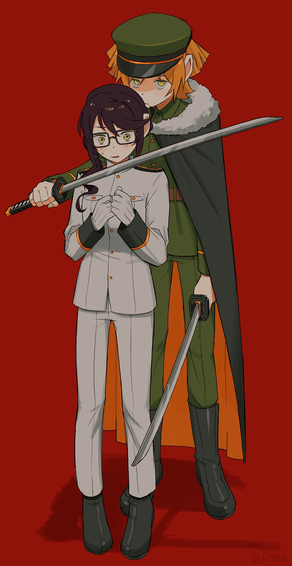 2girls, black_footwear, blonde_hair, cape, glasses, gloves, highres, ineesan