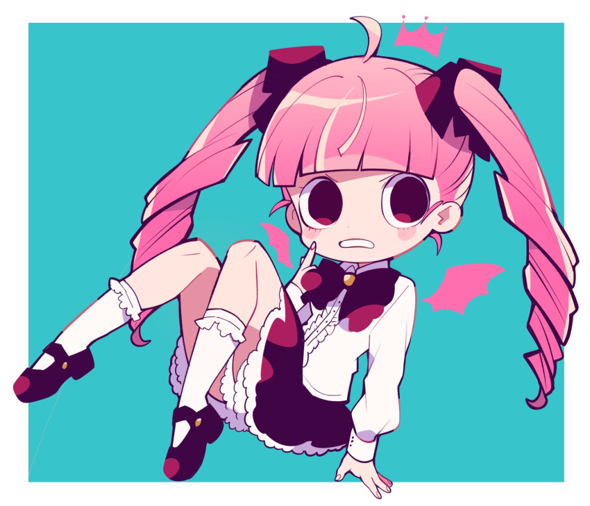 1girl, aqua_background, bat_wings, blunt_bangs, blush_stickers, border, bow, bowtie
