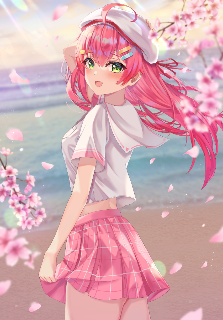 1girl, absurdres, bandaid, bandaid_hair_ornament, blush, bow, cherry_blossoms, green_eyes