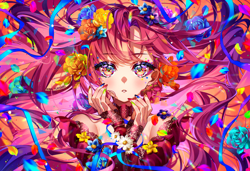 1girl, artist_name, bare_shoulders, blue_flower, blue_nails, blue_ribbon, blue_rose, clip_studio_paint_(medium)