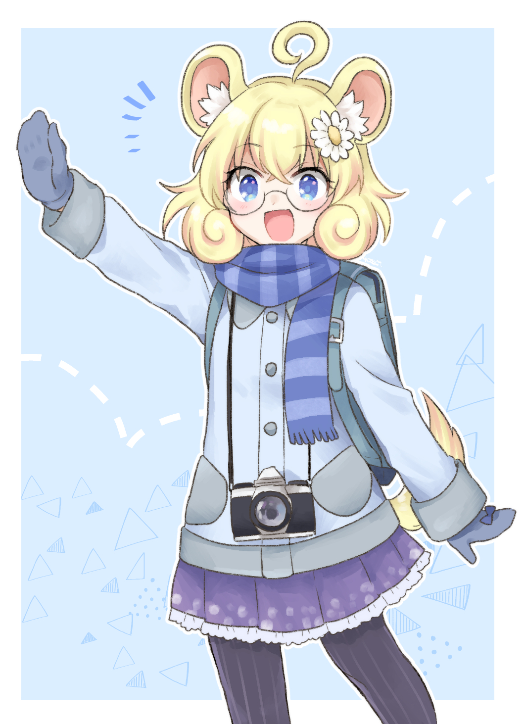 1girl, :d, ahoge, backpack, bag, black_pantyhose, blonde_hair, blue_background