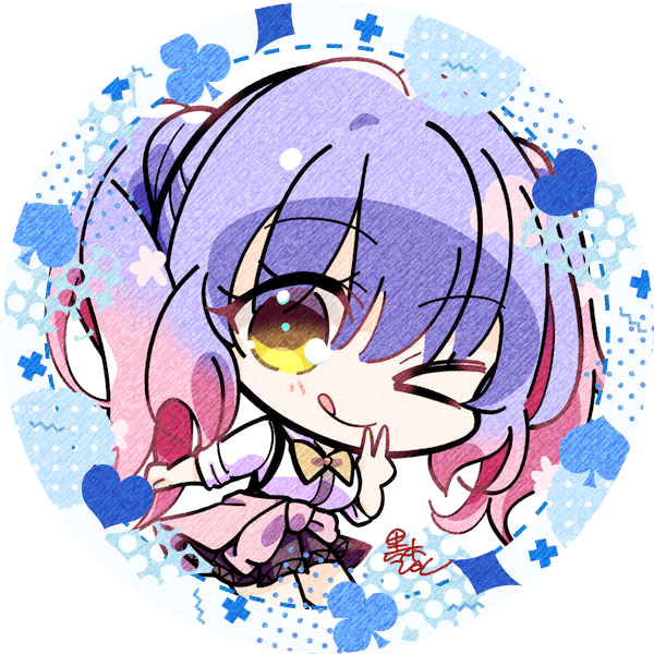 1girl, ;q, blue_hair, bow, chibi, closed_mouth, clothes_around_waist, commentary_request