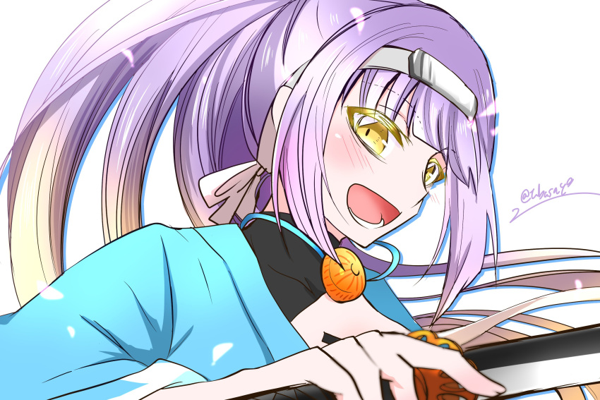 1girl, blue_haori, close-up, colored_eyelashes, commentary, forehead_protector, highres, holding