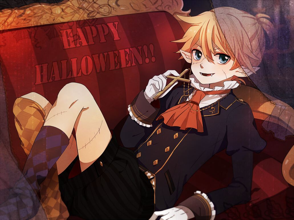 argyle, argyle_legwear, blonde_hair, blue_eyes, couch, cross, crossed_legs, fang