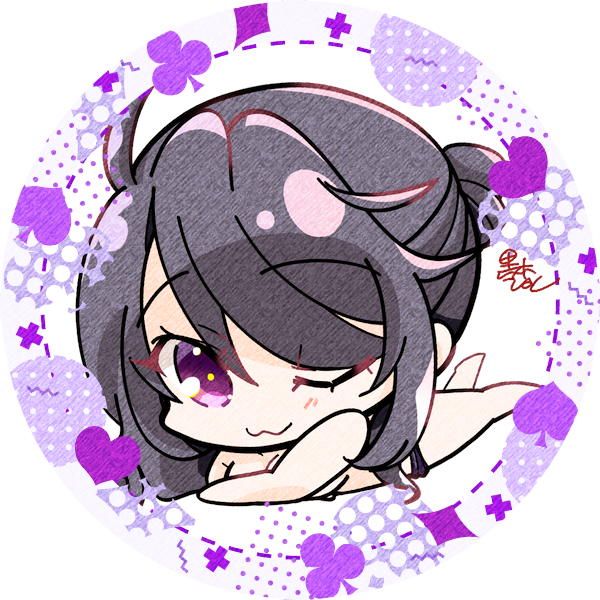 1girl, ;3, ahoge, arm_support, black_hair, chibi, closed_mouth, commentary_request
