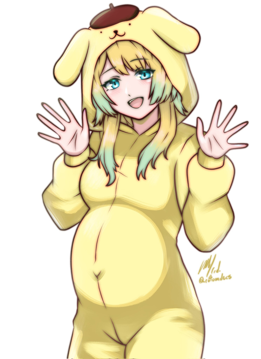 1girl, :d, animal_hood, aqua_eyes, aqua_hair, blonde_hair, blush, breasts