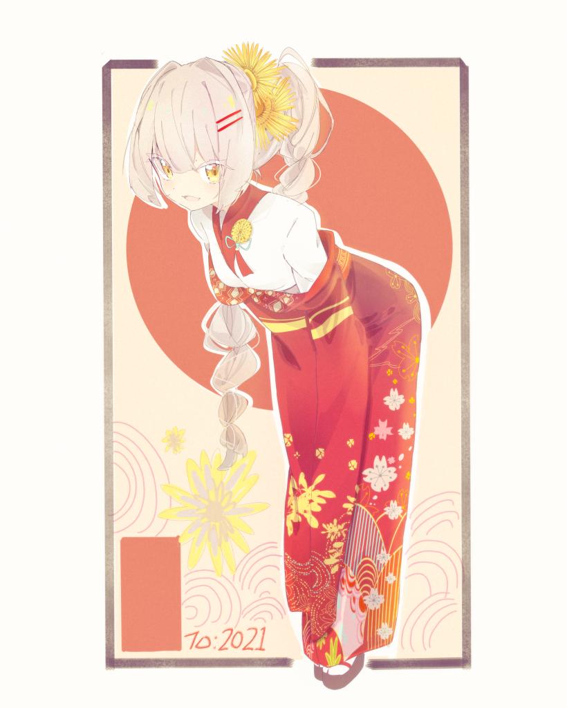 1girl, braid, braided_ponytail, chrysanthemum, chrysanthemum_print, commentary, dated, feet_out_of_frame
