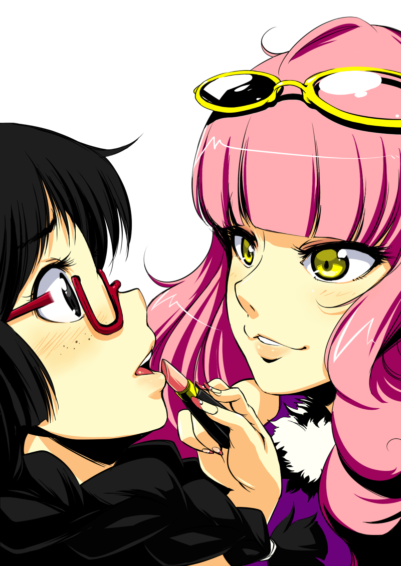 applying_makeup, black_eyes, black_hair, blush, braid, crossdressinging, freckles, glasses