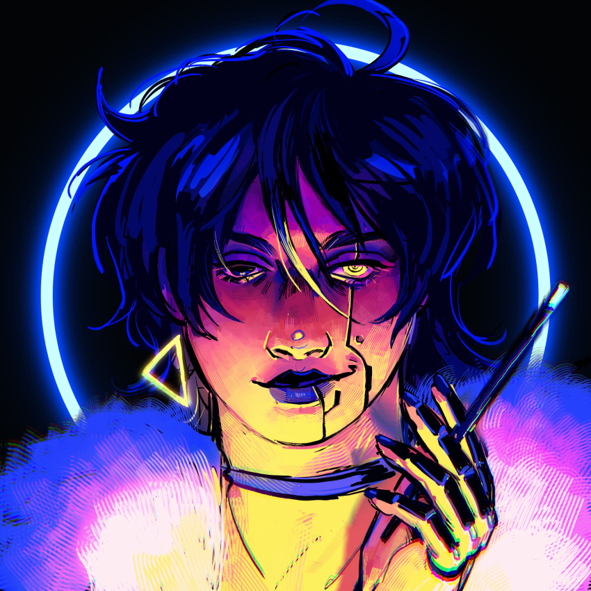 1boy, androgynous, black_eyes, blue_choker, blue_hair, blue_light, blue_lips, choker