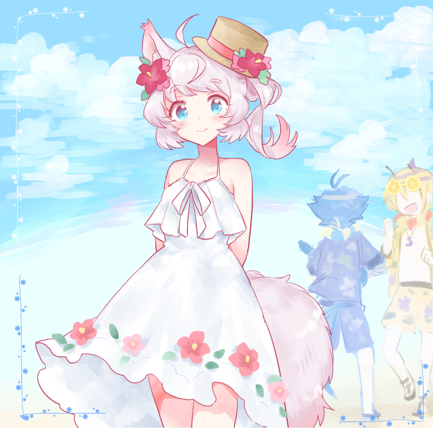 1girl, 2boys, ahoge, alternate_costume, animal_ears, arms_behind_back, bare_shoulders, beach, blue_eyes, blue_sky, clouds, cowboy_shot, day, dress, floral_print, flower, fox_ears, fox_girl, fox_tail, hachin_(show_by_rock!!), hair_flower, hair_ornament, hat, hat_flower, howan_(show_by_rock!!), looking_at_viewer, mikan_tabetai, multiple_boys, outdoors, pink_hair, short_hair, show_by_rock!!, side_ponytail, sky, sleeveless, sleeveless_dress, smile, solo_focus, spaghetti_strap, standing, sun_hat, tail, white_dress, yasu_(show_by_rock!!)