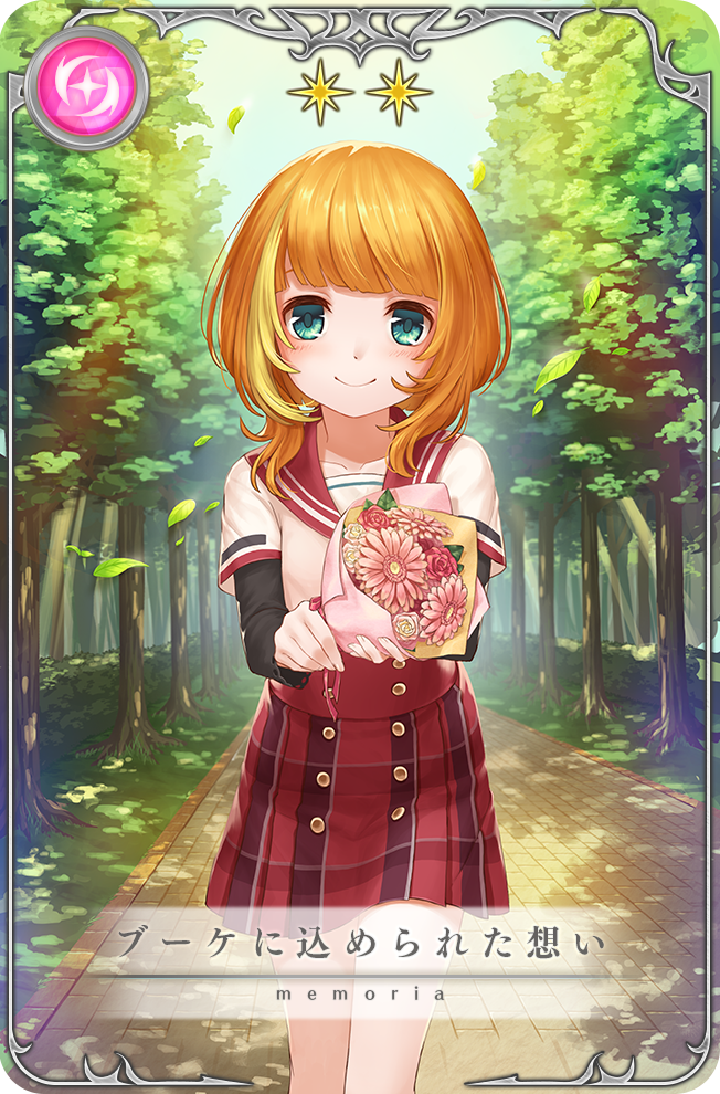 1girl, amane_shiki, black_sleeves, blue_sky, bouquet, buttons, card_(medium), closed_mouth