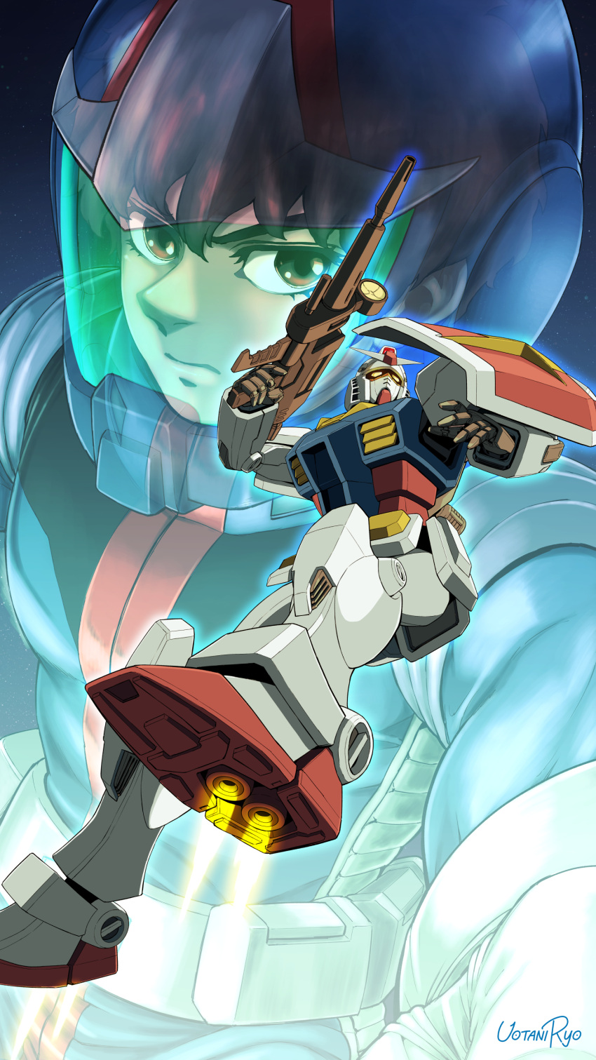 1boy, absurdres, amuro_ray, arm_shield, artist_name, beam_rifle, blue_bodysuit, bodysuit
