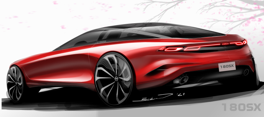 absurdres, car, cherry_blossoms, from_behind, glowing, highres, kadir_beken, motor_vehicle, nissan, nissan_180sx, original, red_car, redesign, science_fiction, sports_car, tree, vehicle_focus, vehicle_name