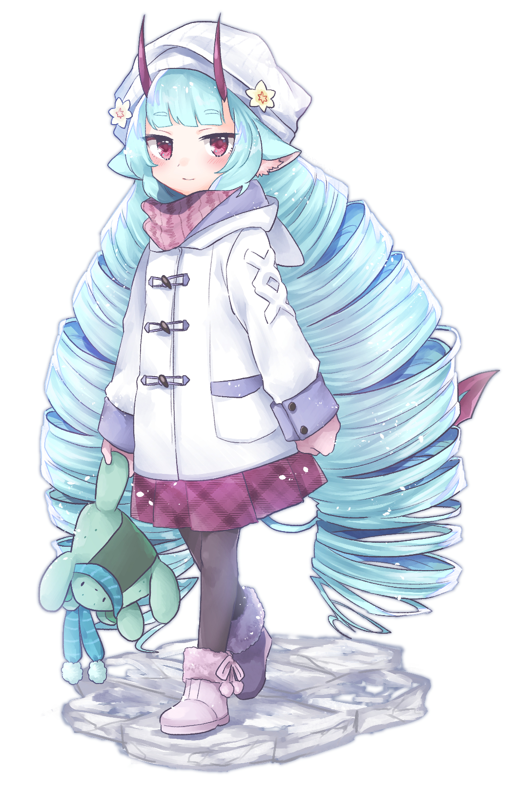 1girl, alternate_costume, animal_ears, ankle_boots, arms_at_sides, beret, black_pantyhose, blue_hair, blunt_bangs, boots, coat, delmin_(show_by_rock!!), demon_girl, demon_horns, demon_tail, drill_hair, flower, from_side, full_body, fur-trimmed_boots, fur_trim, hat, hat_flower, highres, holding, holding_stuffed_toy, hood, hood_down, hooded_coat, horns, long_hair, looking_at_viewer, mikan_tabetai, pantyhose, pink_footwear, pink_scarf, red_eyes, scarf, show_by_rock!!, simple_background, solo, stuffed_toy, tail, twin_drills, walking, white_background, white_coat, white_hat