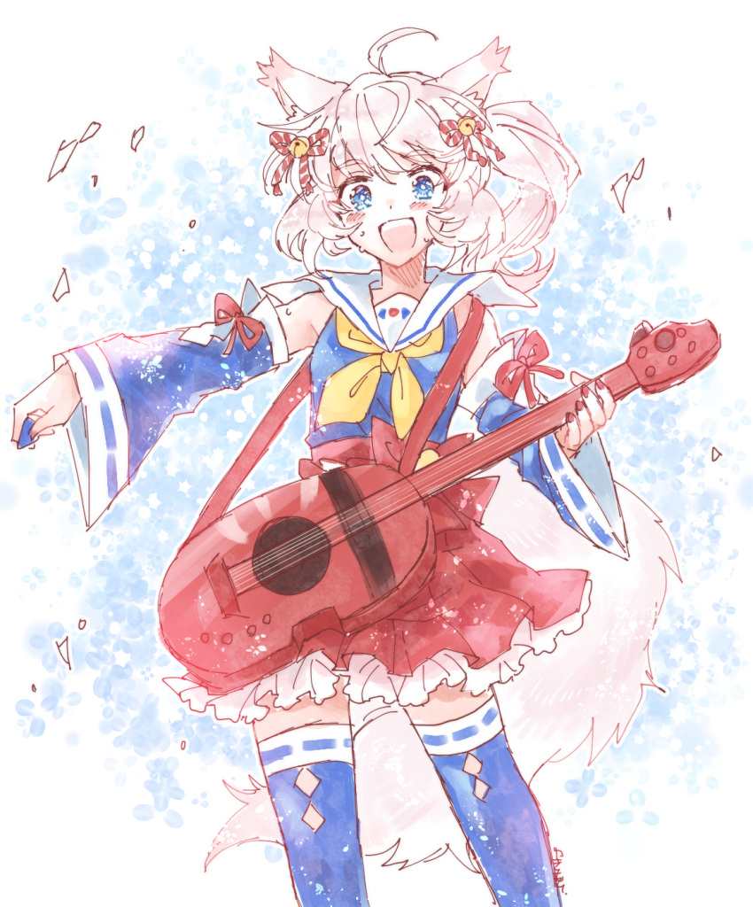1girl, :d, ahoge, animal_ears, bell, blue_eyes, blue_shirt, blue_thighhighs