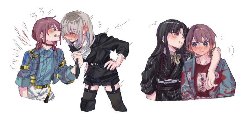 3girls, arm_around_shoulder, awa_subaru, black_dress, black_hair, black_jacket, black_necktie, black_thighhighs