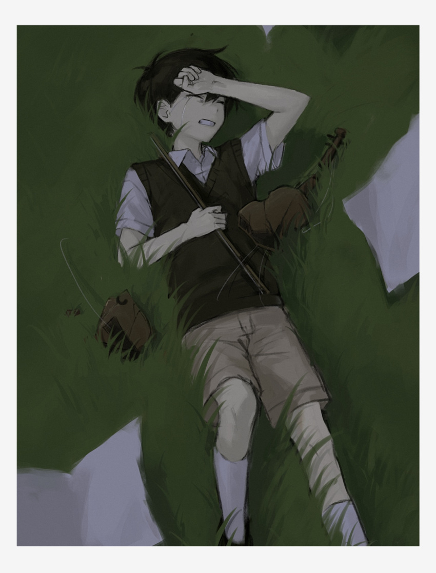 1boy, arm_on_own_head, black_hair, black_sweater_vest, border, bow_(music), broken_instrument, brown_shorts