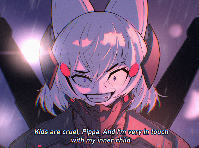 1girl, animal_ears, copyright_request, cosplay, cyborg, english_commentary, english_text, fox_ears