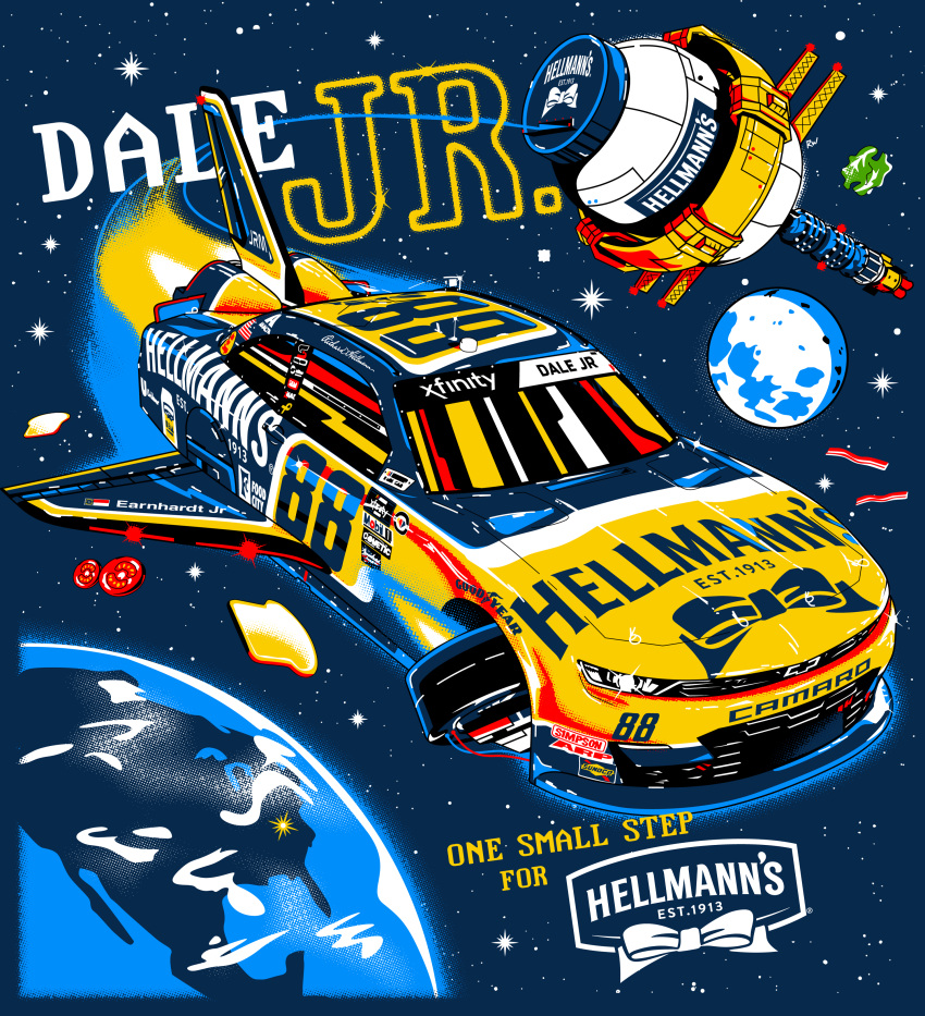 absurdres, chevrolet, chevrolet_camaro, earth_(planet), flying, hellmann's, highres, moon