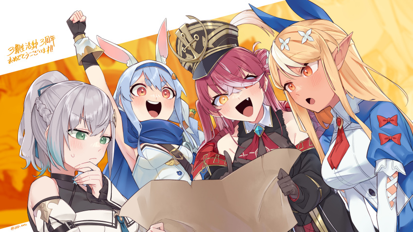 4girls, animal_ears, anniversary, arm_up, armpits, bare_shoulders, blonde_hair, blue_hair