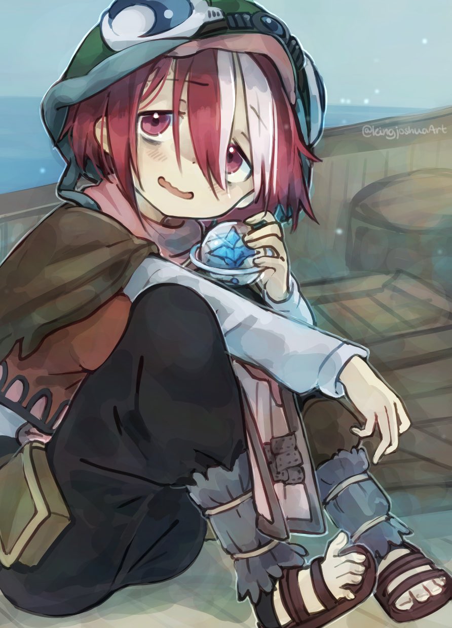 1girl, black_pants, boat, brown_cloak, cloak, commentary_request, green_hat, hair_between_eyes