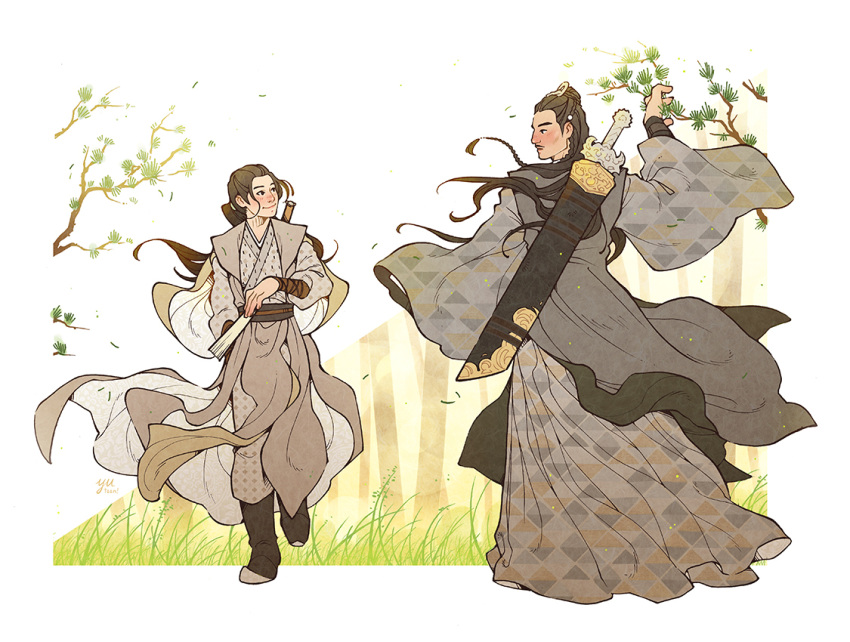 2boys, black_hair, border, braid, brown_hanfu, chinese_clothes, commission, day