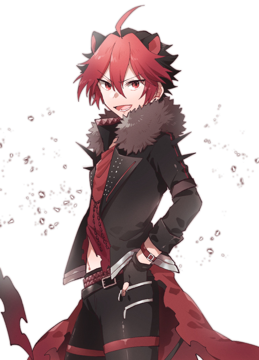 1boy, ahoge, animal_ears, armband, belt, black_gloves, black_hair, black_jacket