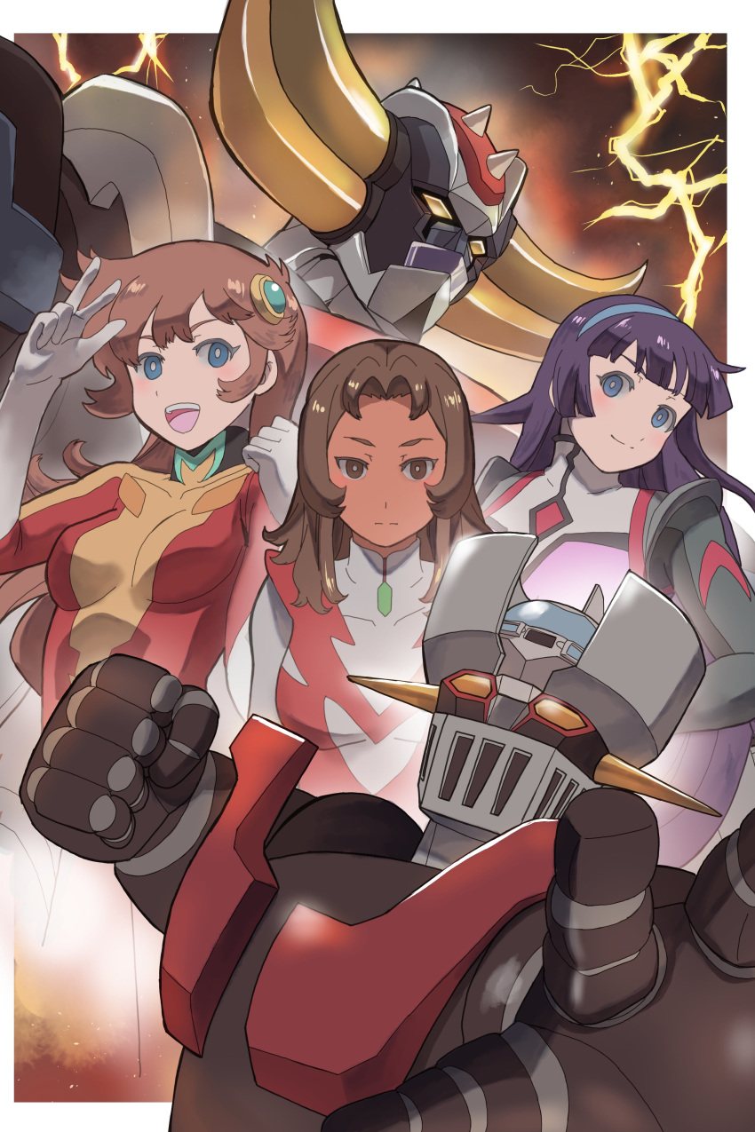3girls, absurdres, blue_eyes, bodysuit, breasts, brown_eyes, brown_hair, dark-skinned_female