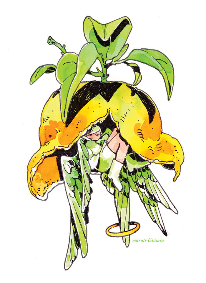 1girl, androgynous, angel, angel_wings, artist_name, boots, closed_eyes, curled_up, feathered_wings, feathers, food, fruit, green_feathers, green_footwear, green_hair, green_shirt, green_shorts, green_wings, halo, ink_(medium), leaf, lemon, lemon_peel, maruti_bitamin, original, painting_(medium), shirt, shorts, simple_background, sleeping, solo, traditional_media, watercolor_(medium), white_background, white_feathers, wings, yellow_halo